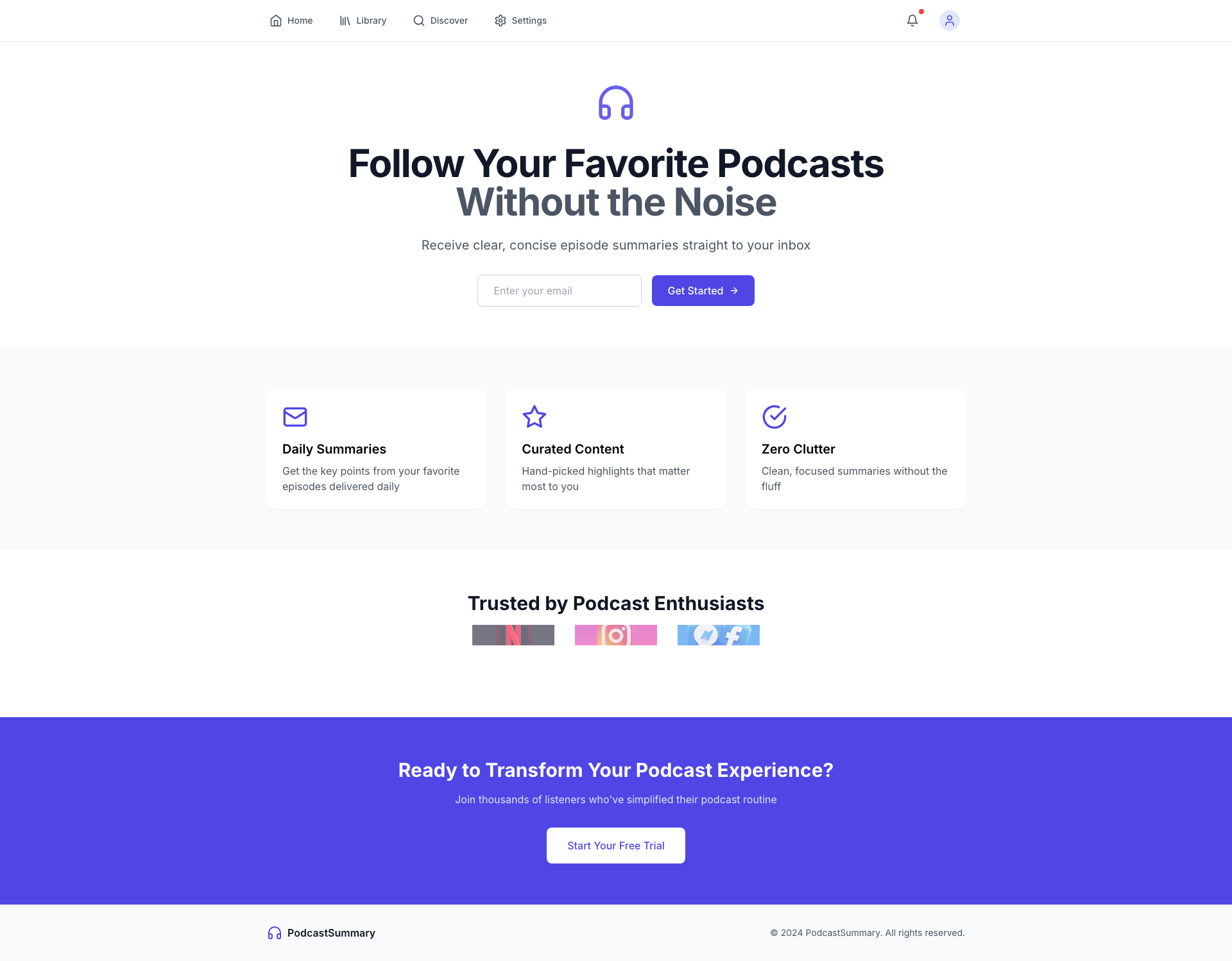 V1's landing page at mindcastdaily.netlify.app -- a full marketing site with nav bar, feature cards, social proof, and a CTA footer. For a personal podcast tool.