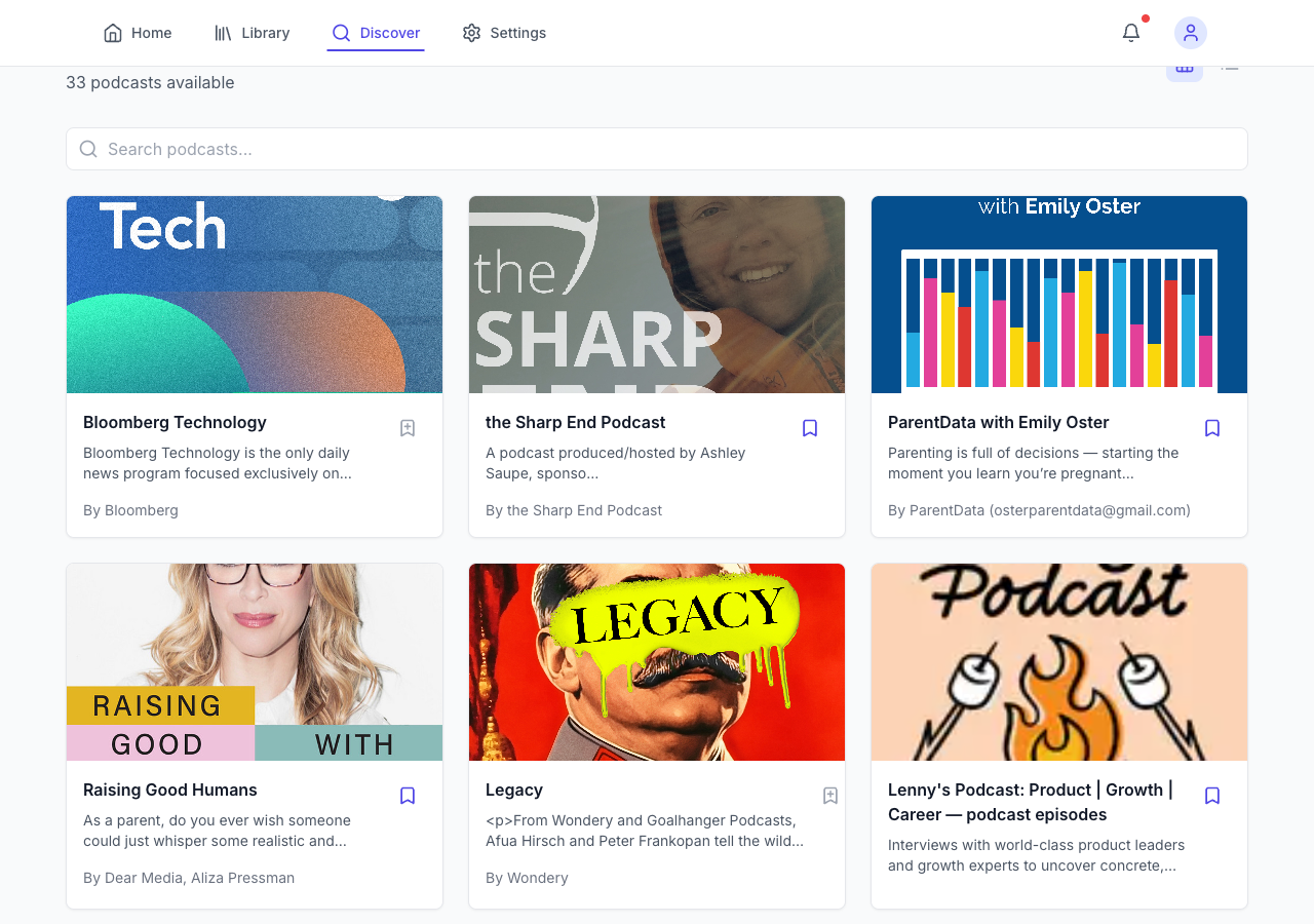 V1's discover page -- a browsable grid of podcasts organized by category, with cover art and descriptions. Bloomberg Technology, The Sharp End, Parentdata, Legacy, Raising Good Humans.