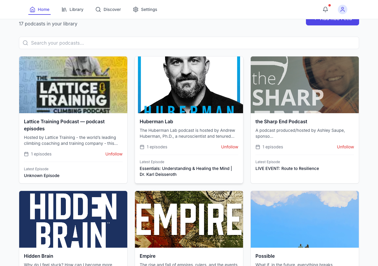 V1's podcast library -- a polished grid of subscribed podcasts with cover art. Lattice Training, Lenny's Podcast, Huberman Lab, Hidden Brain, Empire.