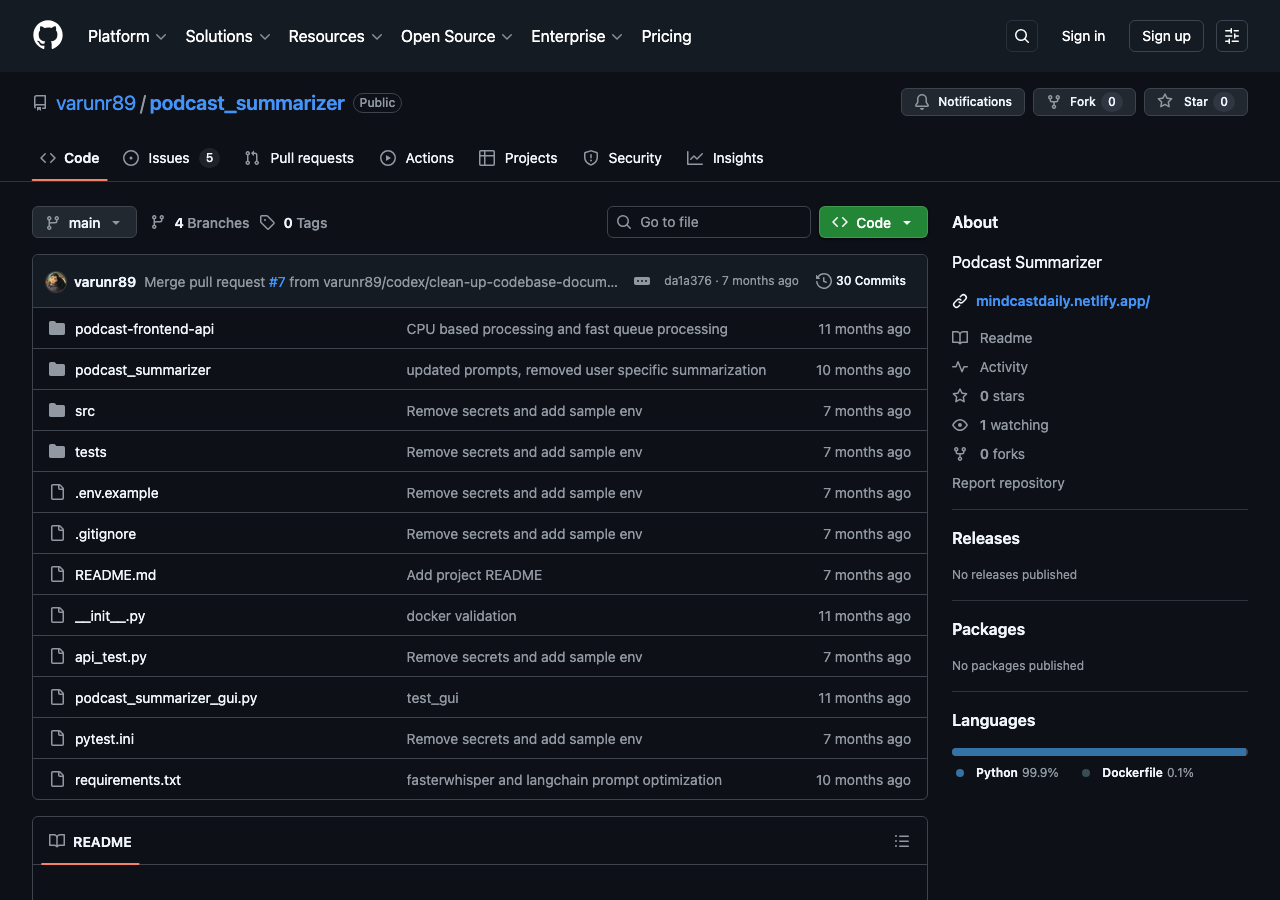 V1's GitHub repo -- 30 commits, 5 open issues, and a README added as an afterthought seven months in.