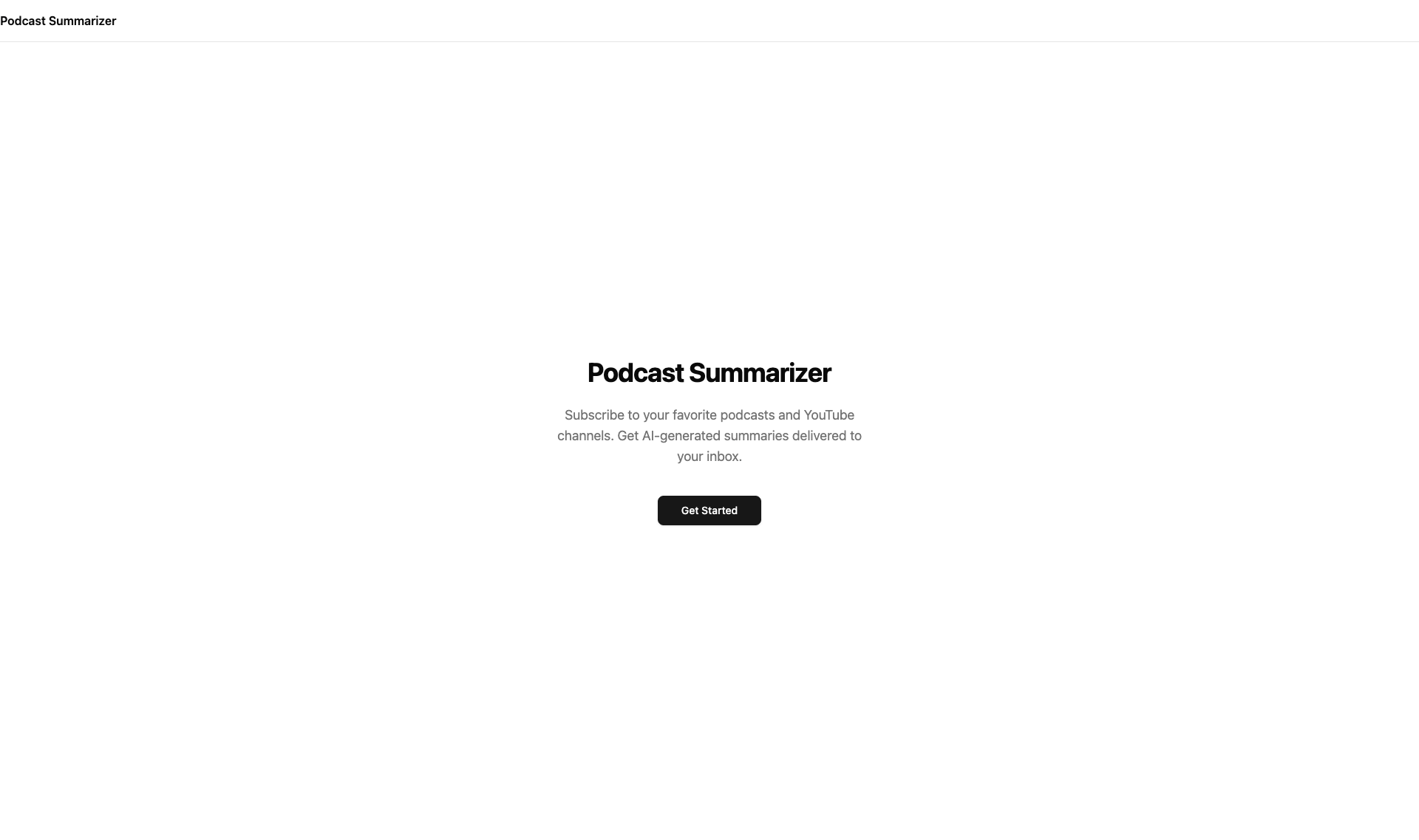 V2's landing page at podcast.bhavanaai.com -- a single heading, a single sentence, a single button. Nothing else.