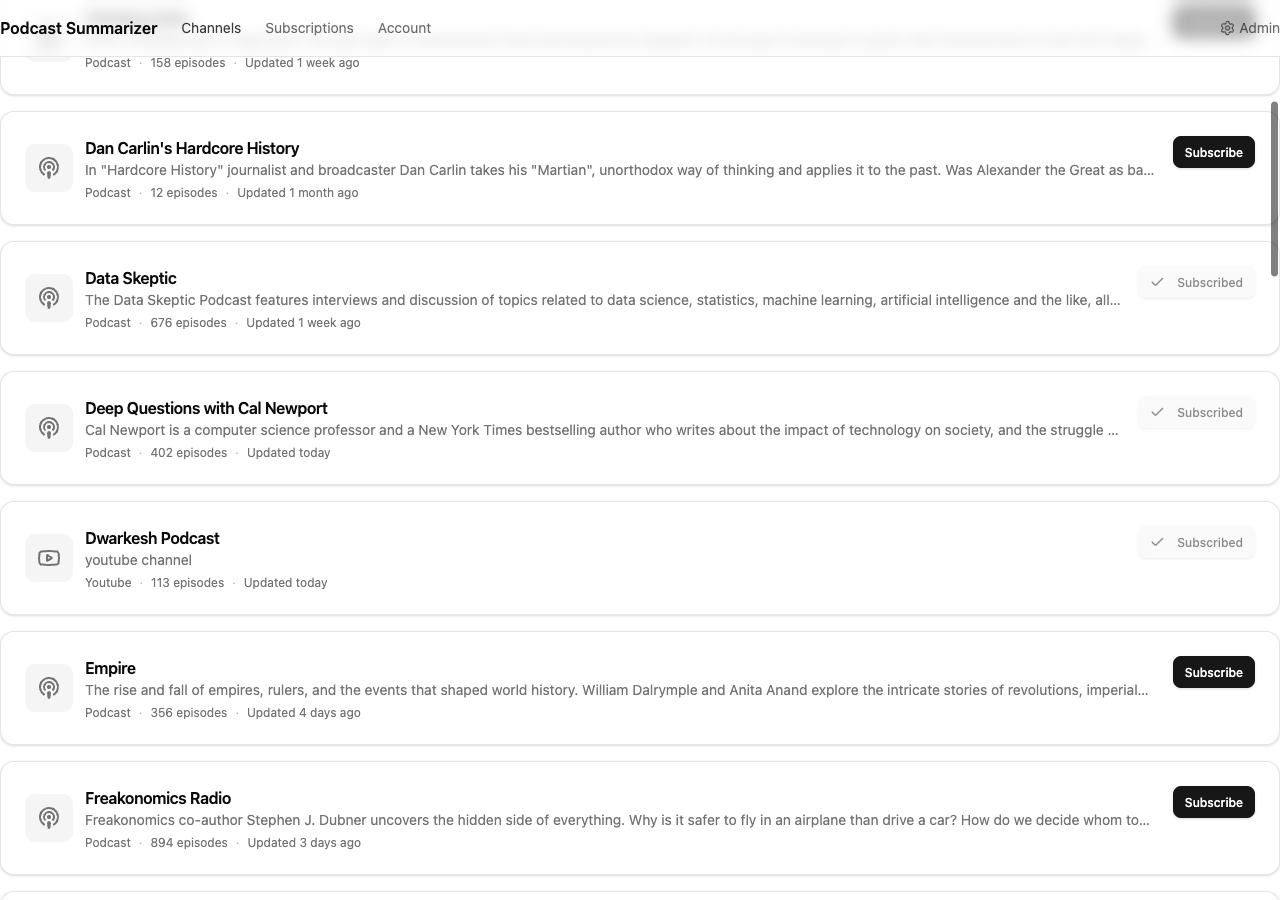 V2's channels list -- 30+ podcasts and YouTube channels in a clean list. Each row: name, description, episode count, last update date, and a subscribe button. No cover art, no cards, no visual clutter.