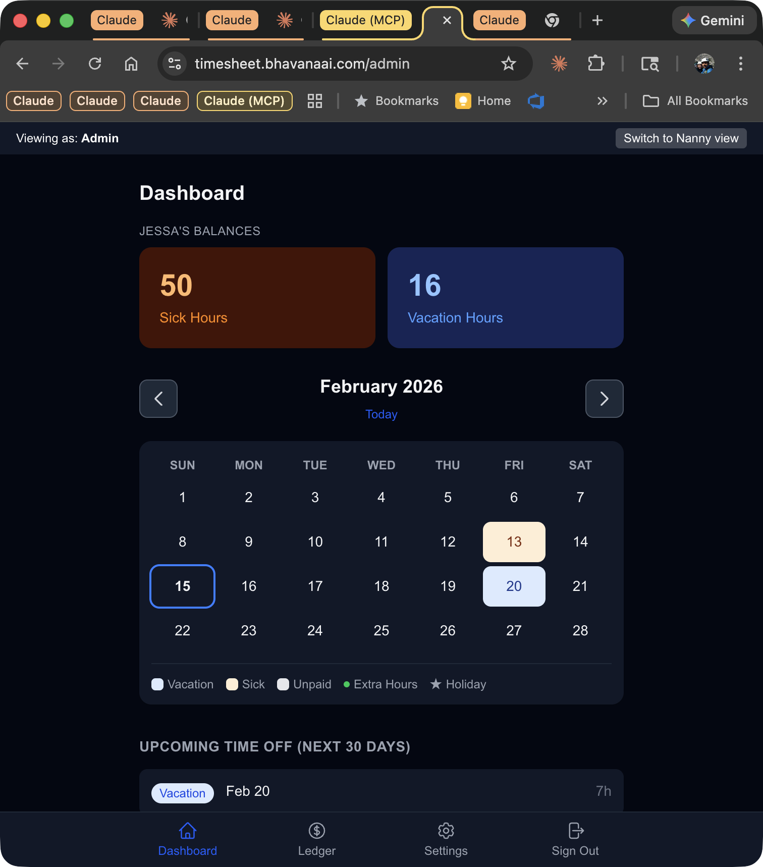 The admin dashboard showing balances, a calendar with color-coded time off, upcoming requests, and year-to-date summary