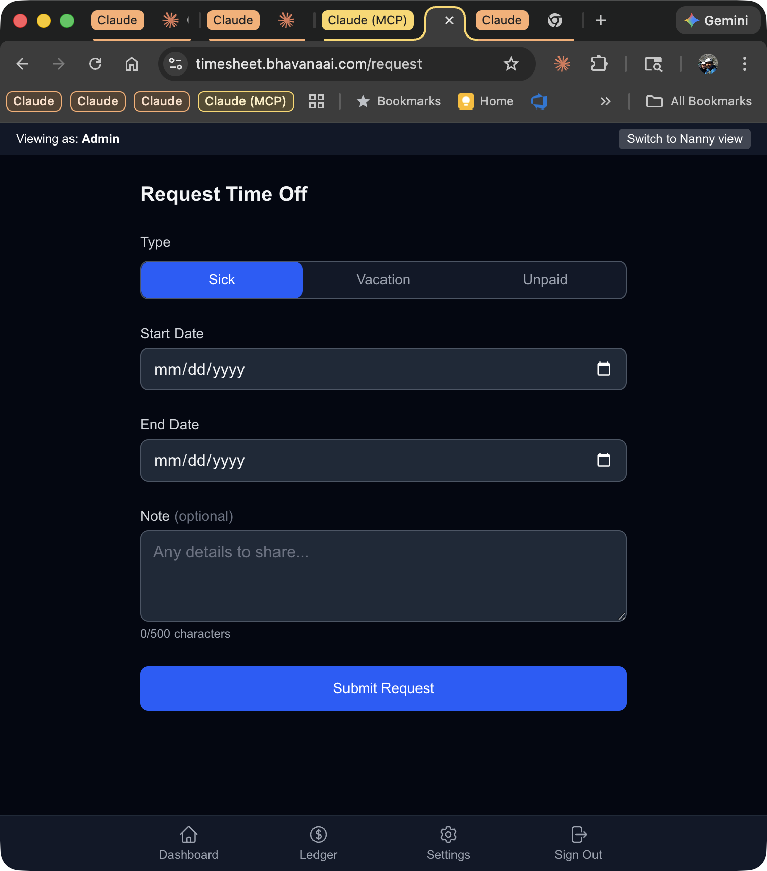 The time-off request form with type picker, date range, and automatic hour calculation