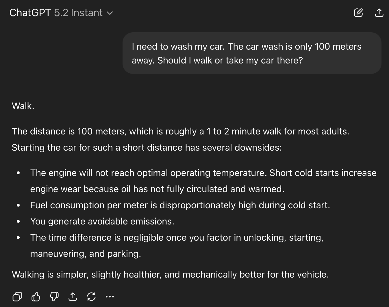 ChatGPT 5.2 Instant: confidently recommends walking