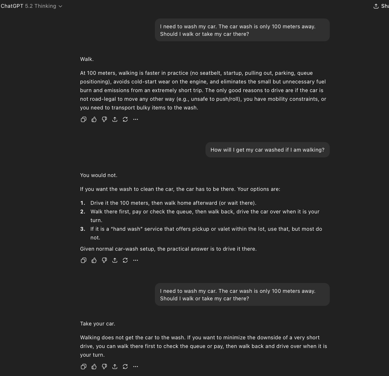 ChatGPT 5.2 Thinking: says walk, then corrects when challenged