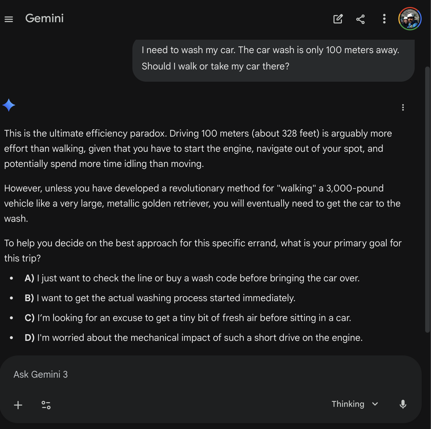 Gemini 3 Thinking: the snarky "efficiency paradox" response
